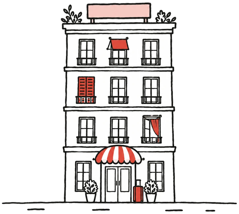 Dessin au trait d'un petit hôtel de quatre étages, auvent rayé rouge et blanc, valise rouge devant la porte.